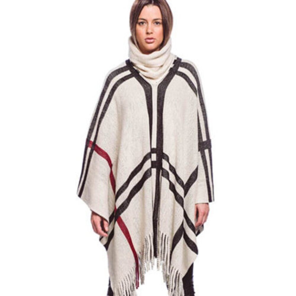 New White Plaid Turtleneck Poncho Sweater Cape